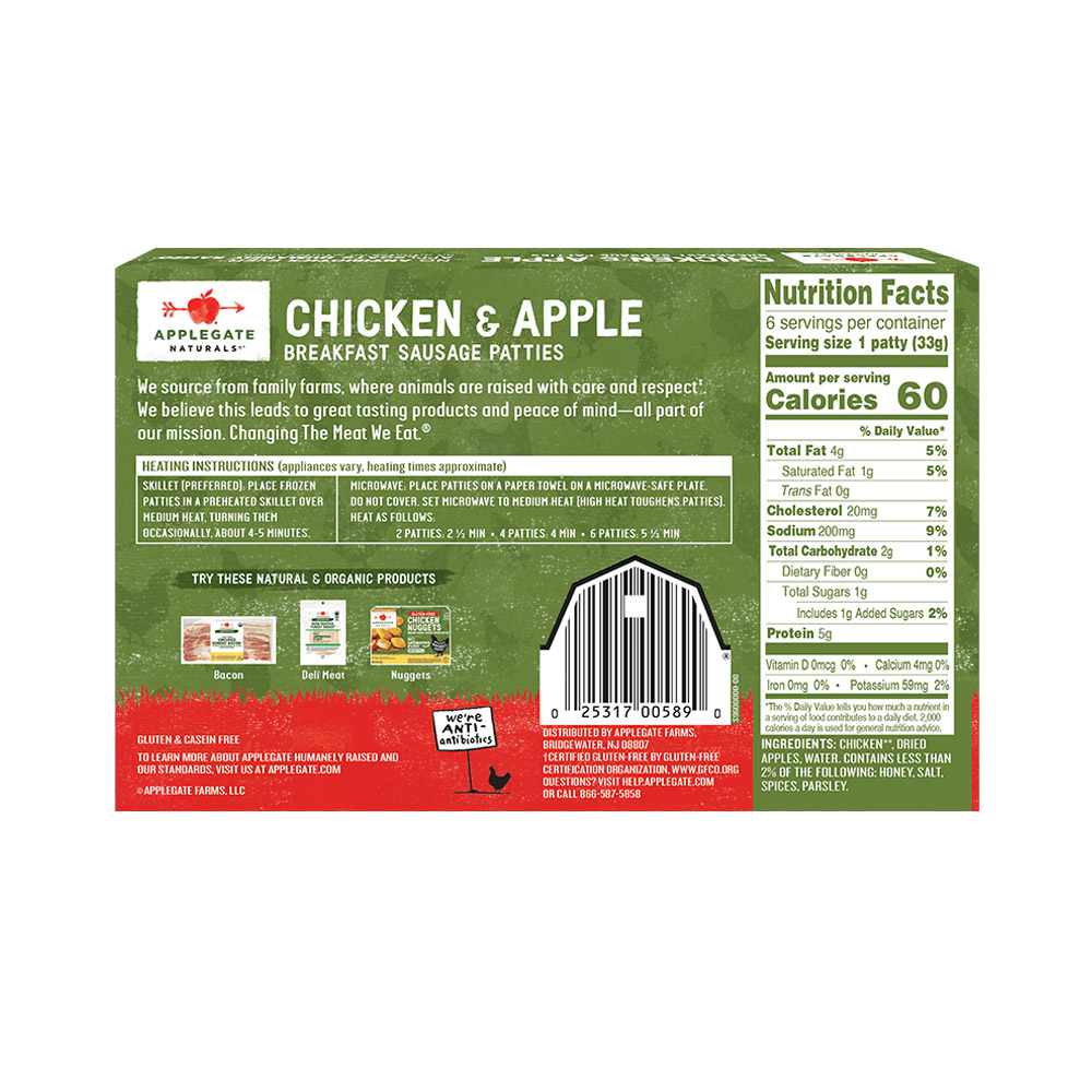 applegate naturals chicken & apple breakfast sausage patties nutritonal information shown on back of package