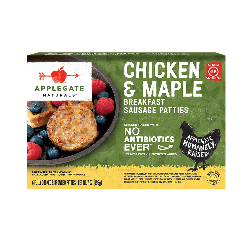 applegate naturals chicken & maple breakfast sausage patties in box packaging