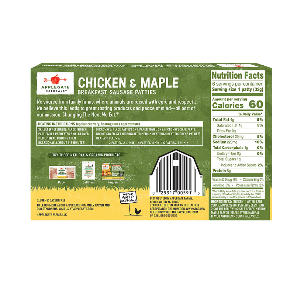 applegate naturals chicken & maple breakfast sausage patties nutritonal information shown on back of package