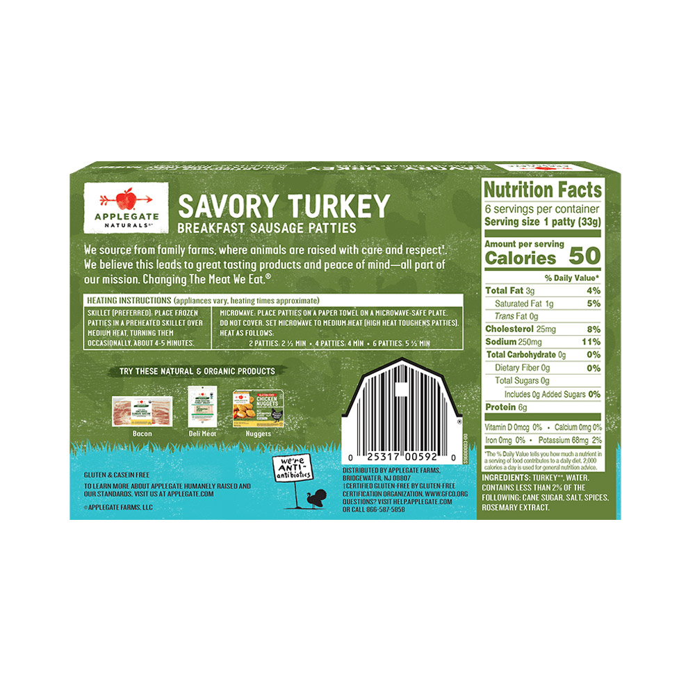 applegate naturals savory turkey breakfast sausage patties nutritonal information shown on back of package