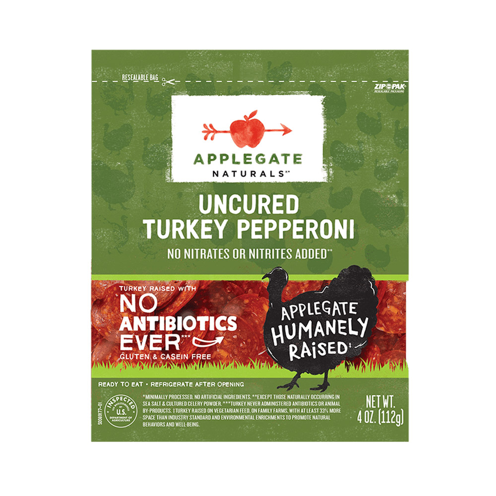 applegate naturals uncured turkey pepperoni in plastic packaging
