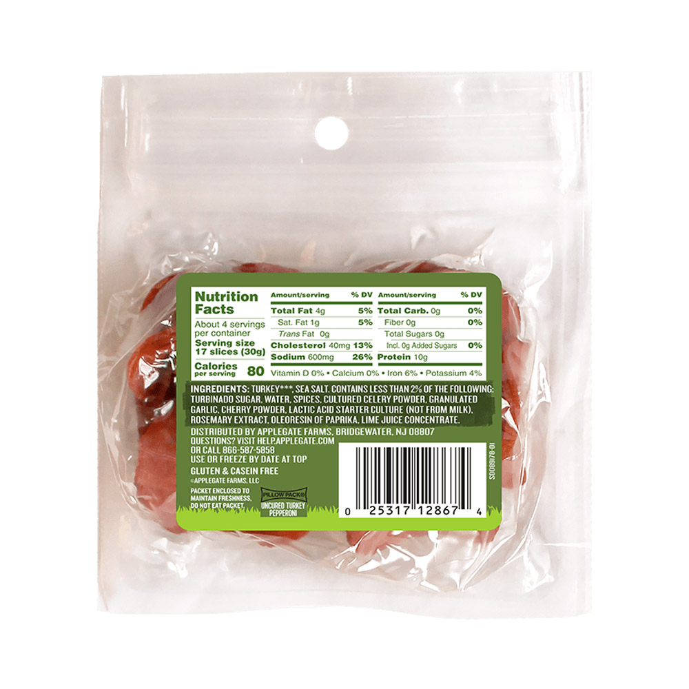 applegate naturals uncured turkey pepperoni nutritonal information shown on back of package