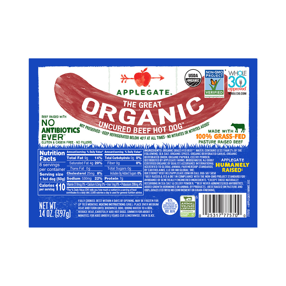 applegate organics the great organic uncured beef hot dog in plastic packaging