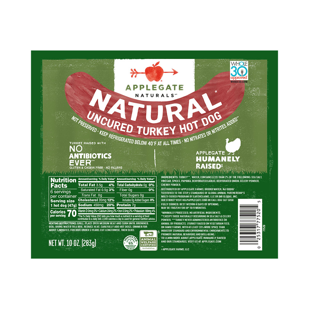 applegate naturals uncured turkey hot dogs in plastic packaging