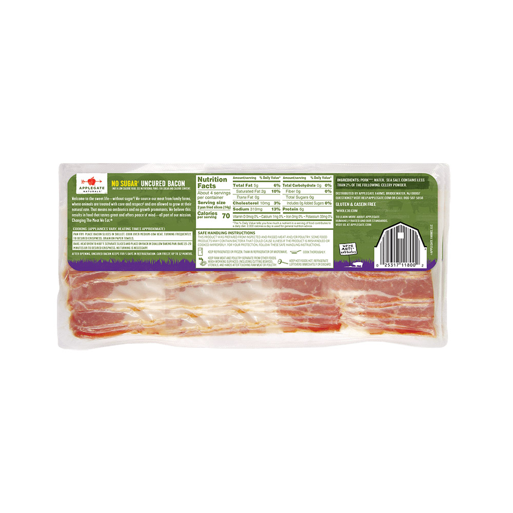 applegate naturals no sugar bacon nutritonal information shown on back of package