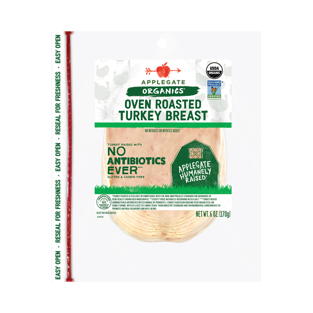 applegate organics sliced organic oven roasted turkey breast in plastic packaging