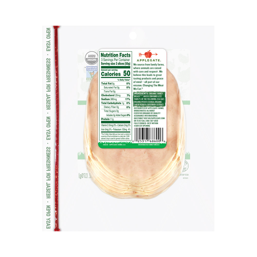 applegate organics sliced organic oven roasted turkey breast nutritonal information shown on back of package