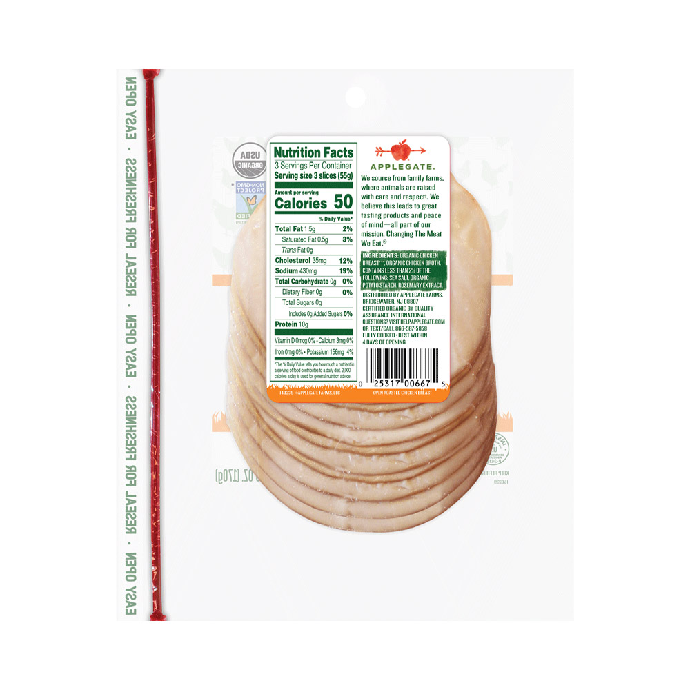 applegate organics sliced organic oven roasted chicken breast nutritonal information shown on back of package