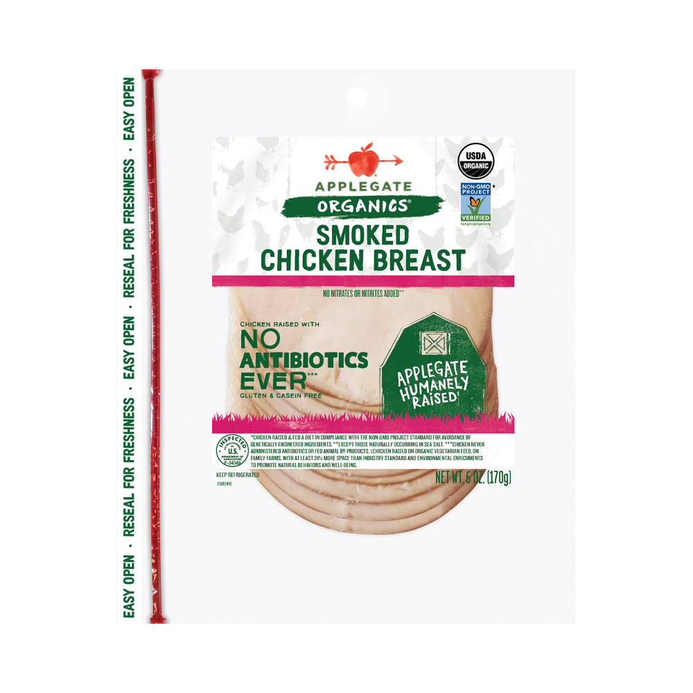 applegate organics sliced organic smoked chicken breast in plastic packaging