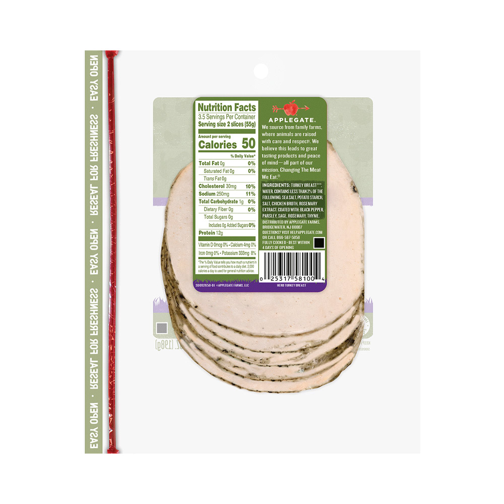 applegate naturals sliced herb turkey breast nutritonal information shown on back of package
