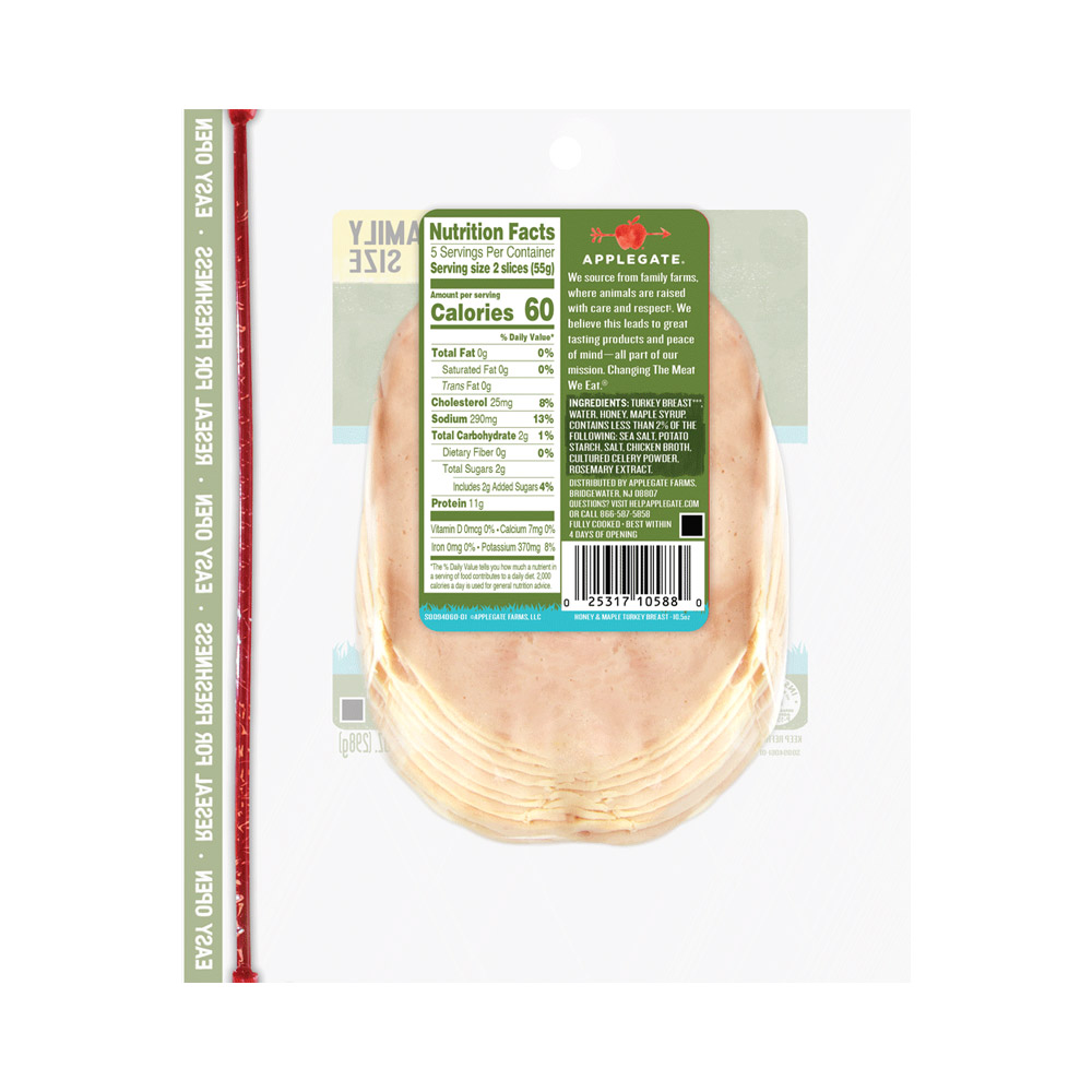 applegate naturals sliced honey & maple turkey breast nutritonal information shown on back of package