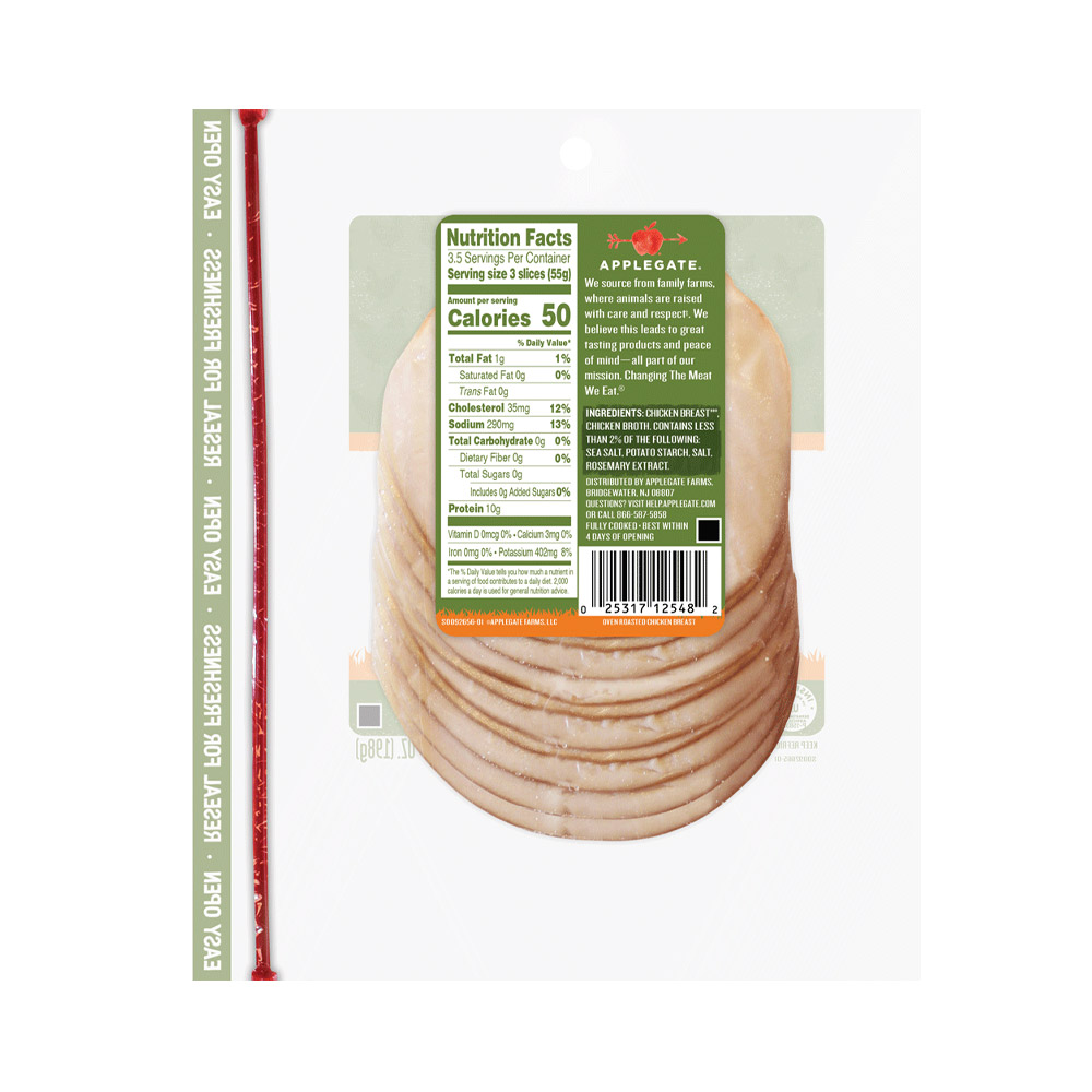 applegate naturals sliced oven roasted chicken breast nutritonal information shown on back of package