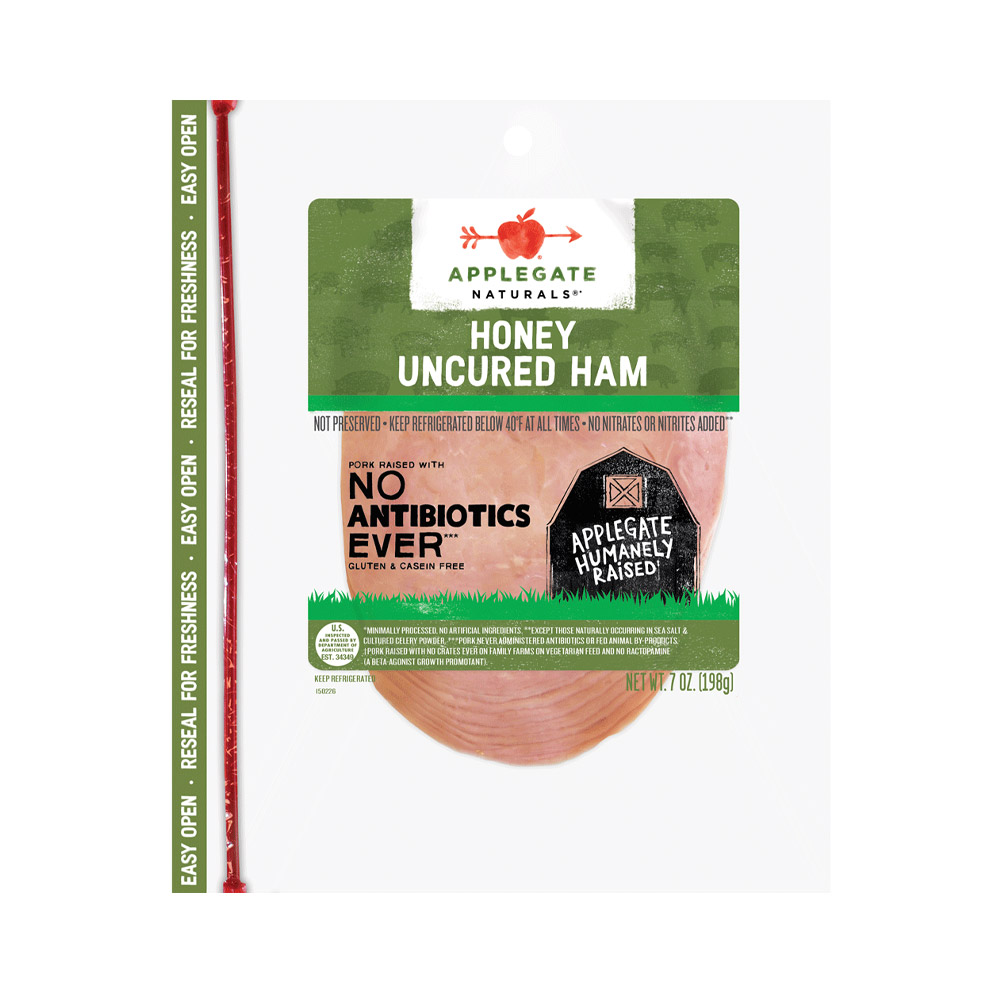 applegate naturals sliced uncured honey ham in plastic packaging