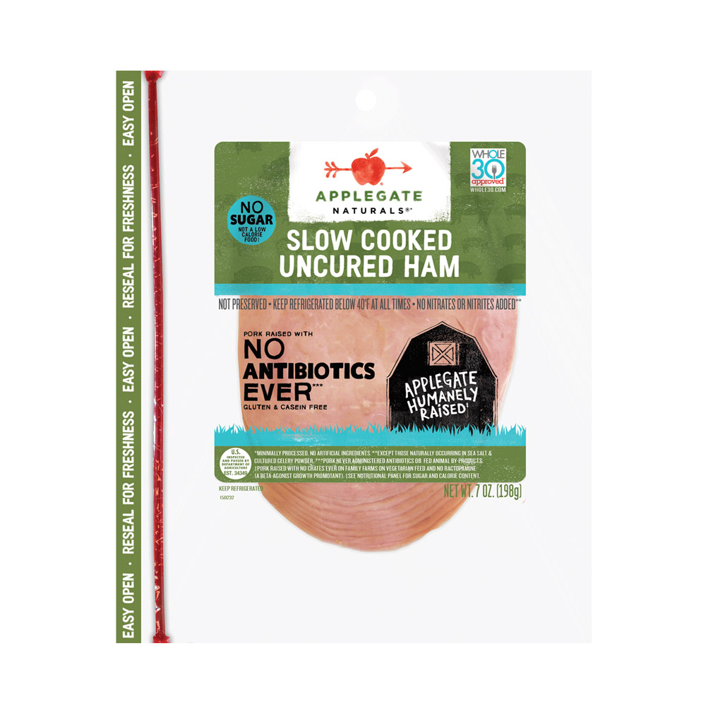 applegate naturals sliced slow cooked uncured ham in plastic packaging