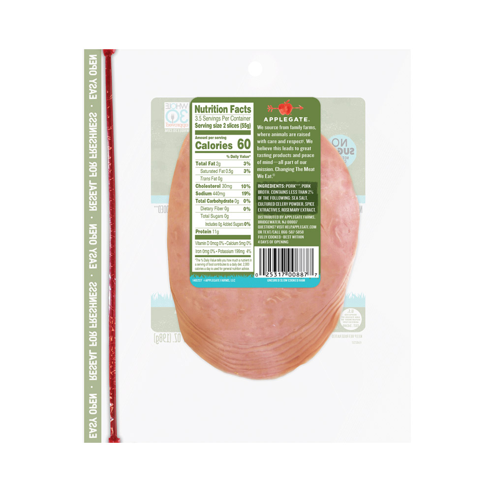 applegate naturals sliced slow cooked uncured ham nutritonal information shown on back of package