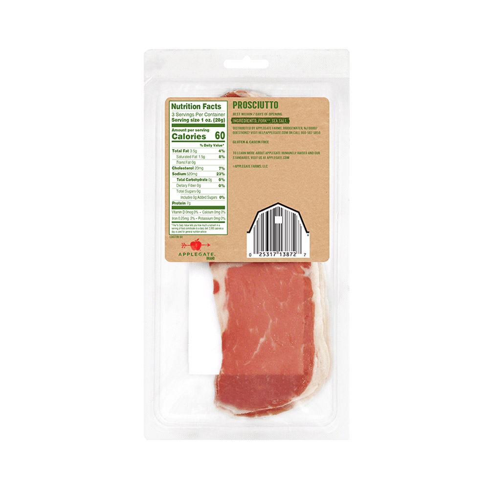 applegate naturals sliced prosciutto nutritonal information shown on back of package