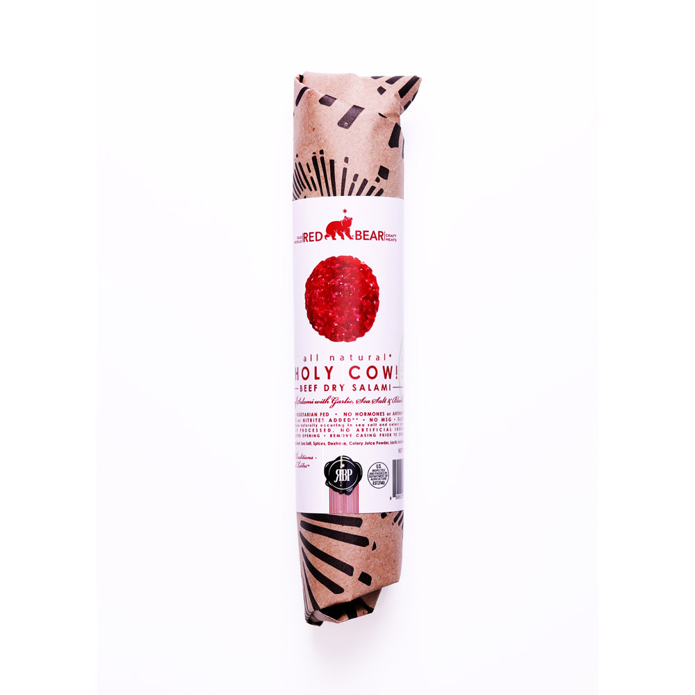 red bear holy cow! beef dry salami in paper wrapping