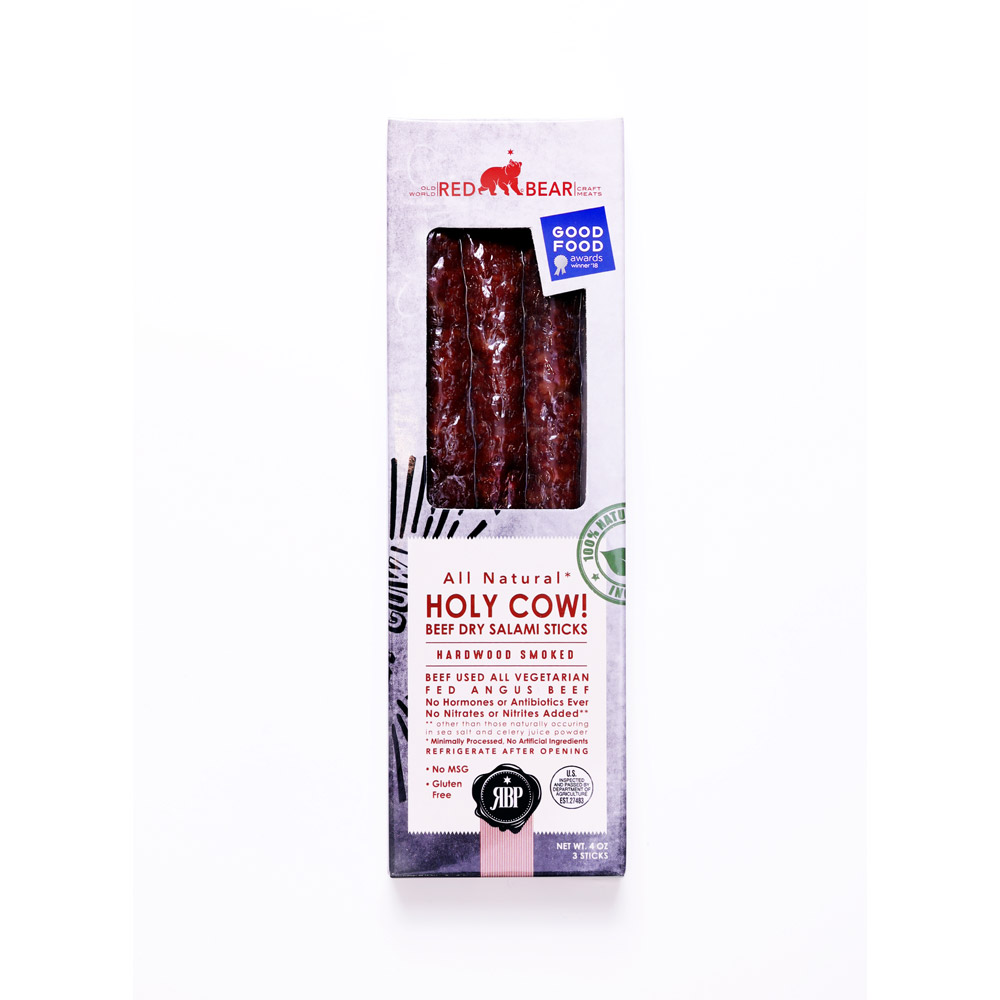 red bear holy cow! beef salami sticks in box packaging