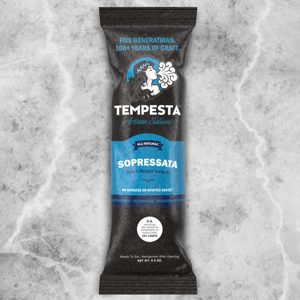 Tempesta Artisan Sopressata Chub in the packaging
