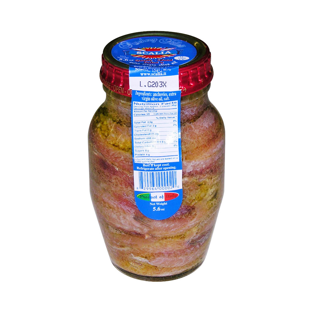 A glass jar of Scalia anchovy fillets in extra virgin olive oil