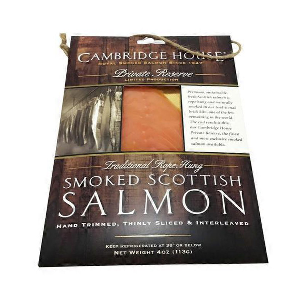 A package of Cambridge House private reserve rope hung smoked salmon