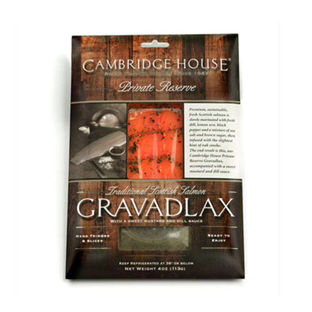 A package of Cambridge House private reserve gravadlax smoked salmon