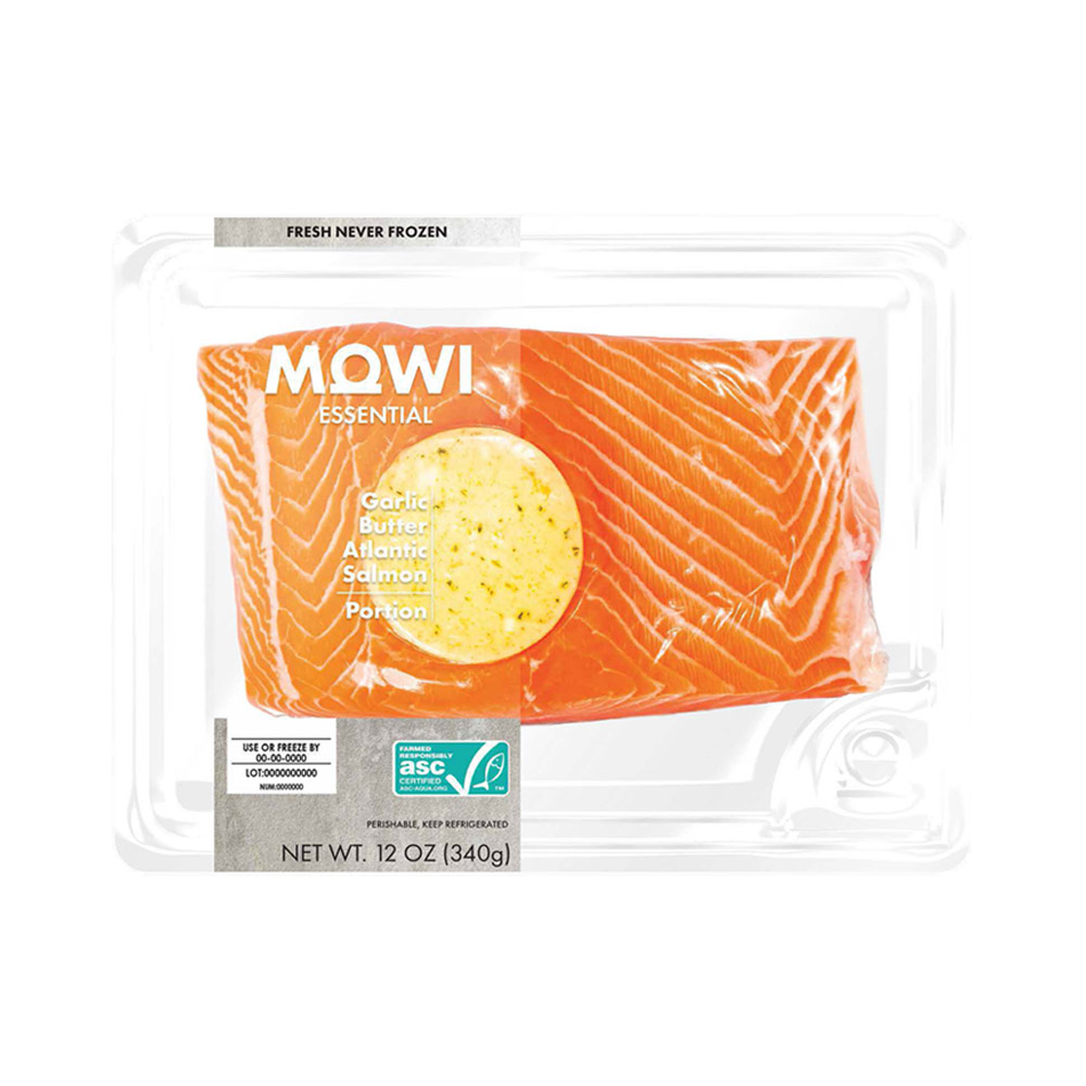 Package of Mowi garlic butter Atlantic salmon
