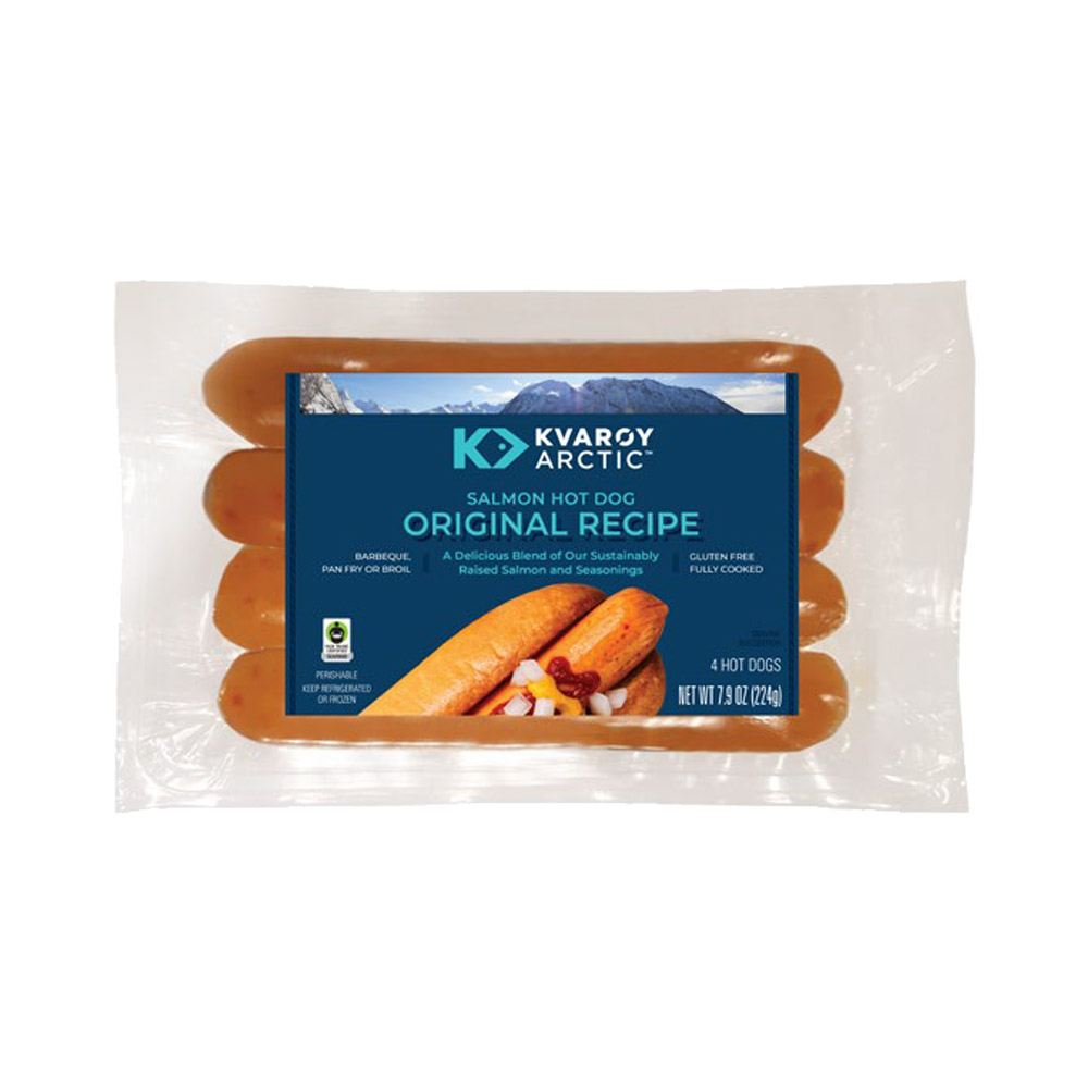 A package of Original Recipe Kvarøy Arctic Salmon Hot Dogs