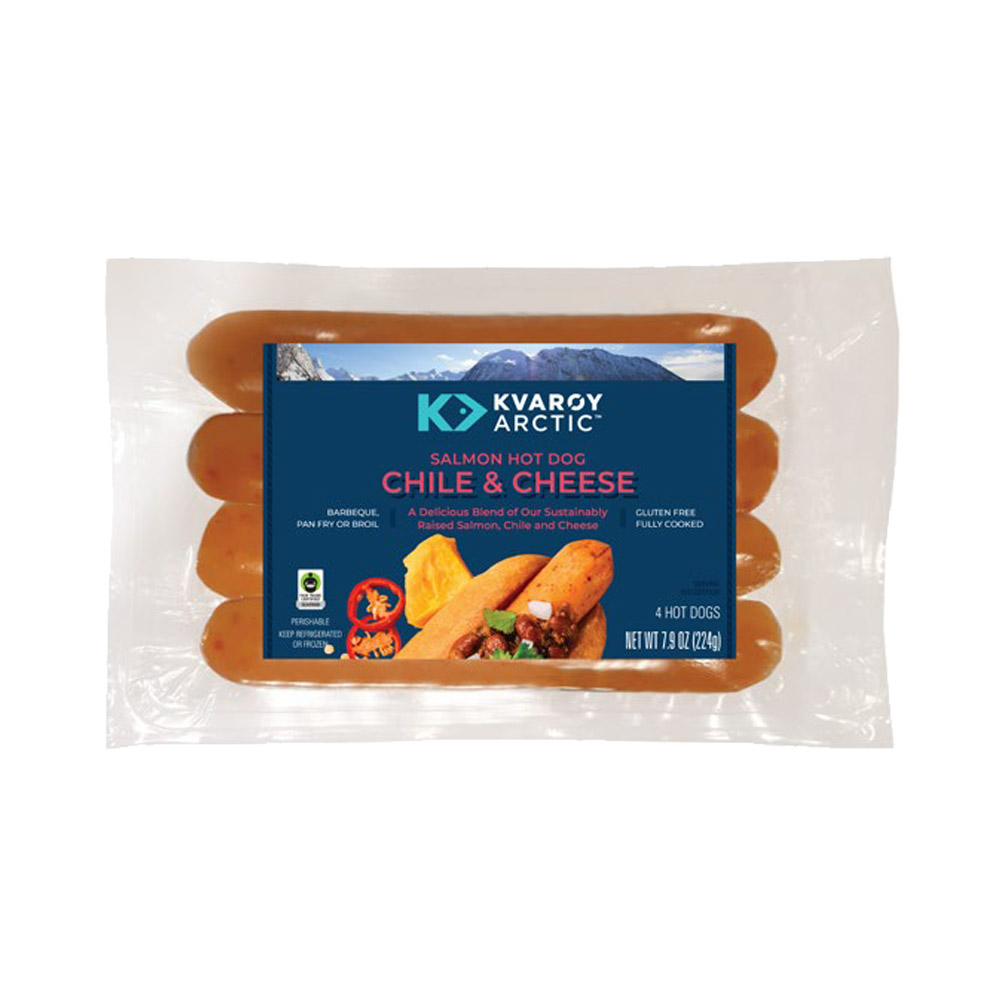 A package of Chile & Cheese Kvarøy Arctic Salmon Hot Dogs