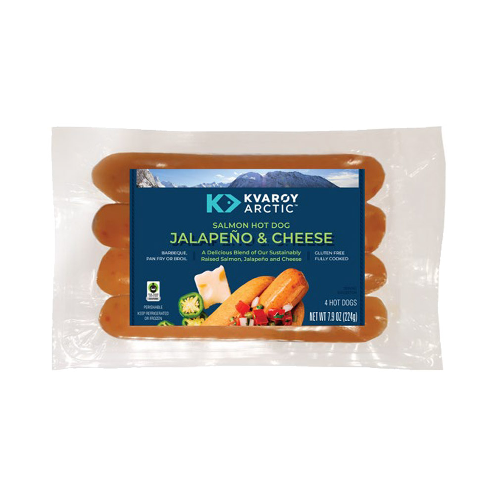 A package of Jalapeno & Cheese Kvarøy Arctic Salmon Hot Dogs
