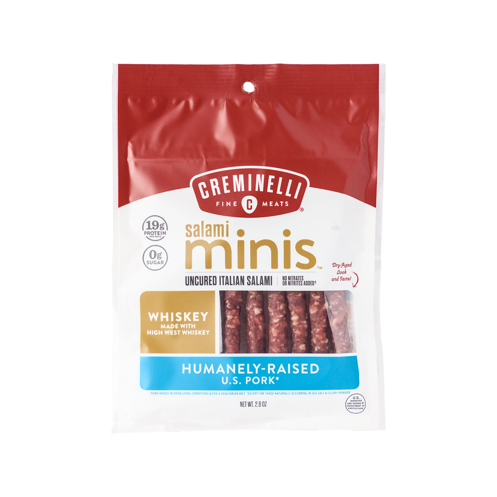 creminelli whiskey salami minis in plastic packaging