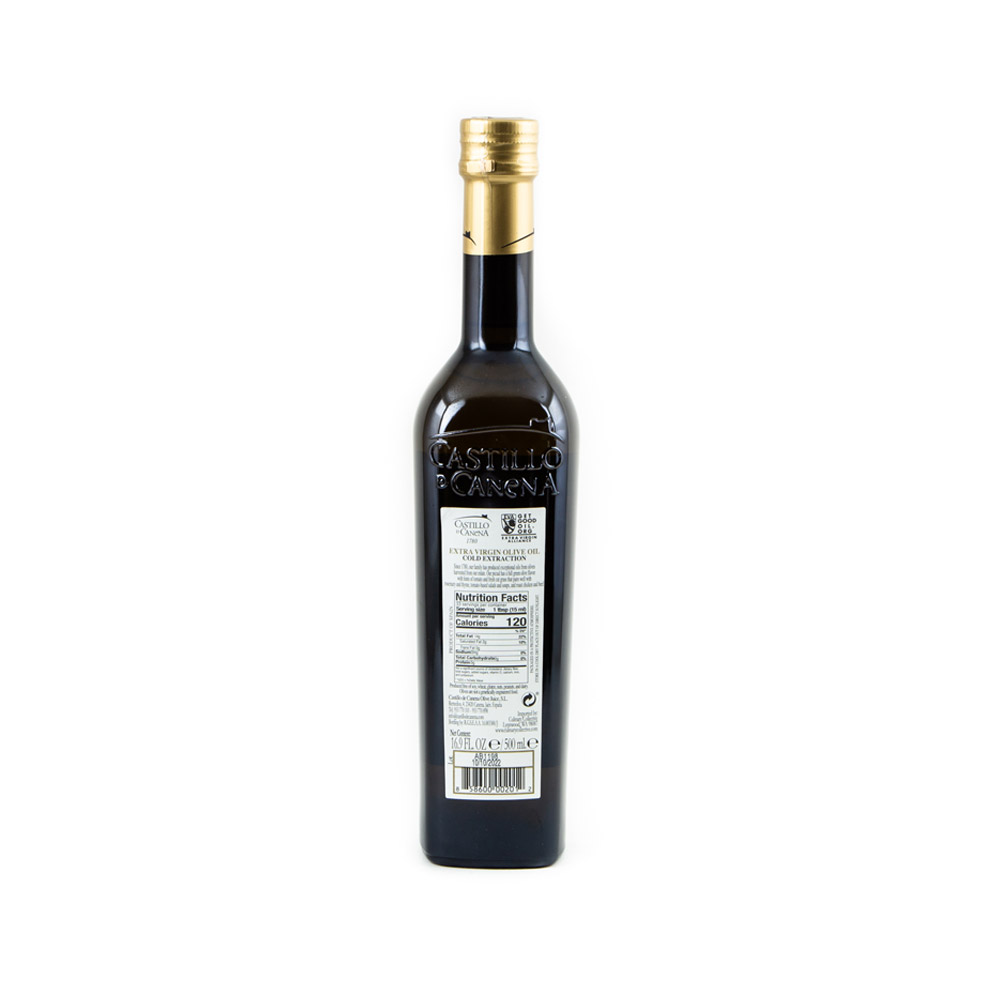back of bottle of castillo de canena picual family reserve extra virgin olive oil