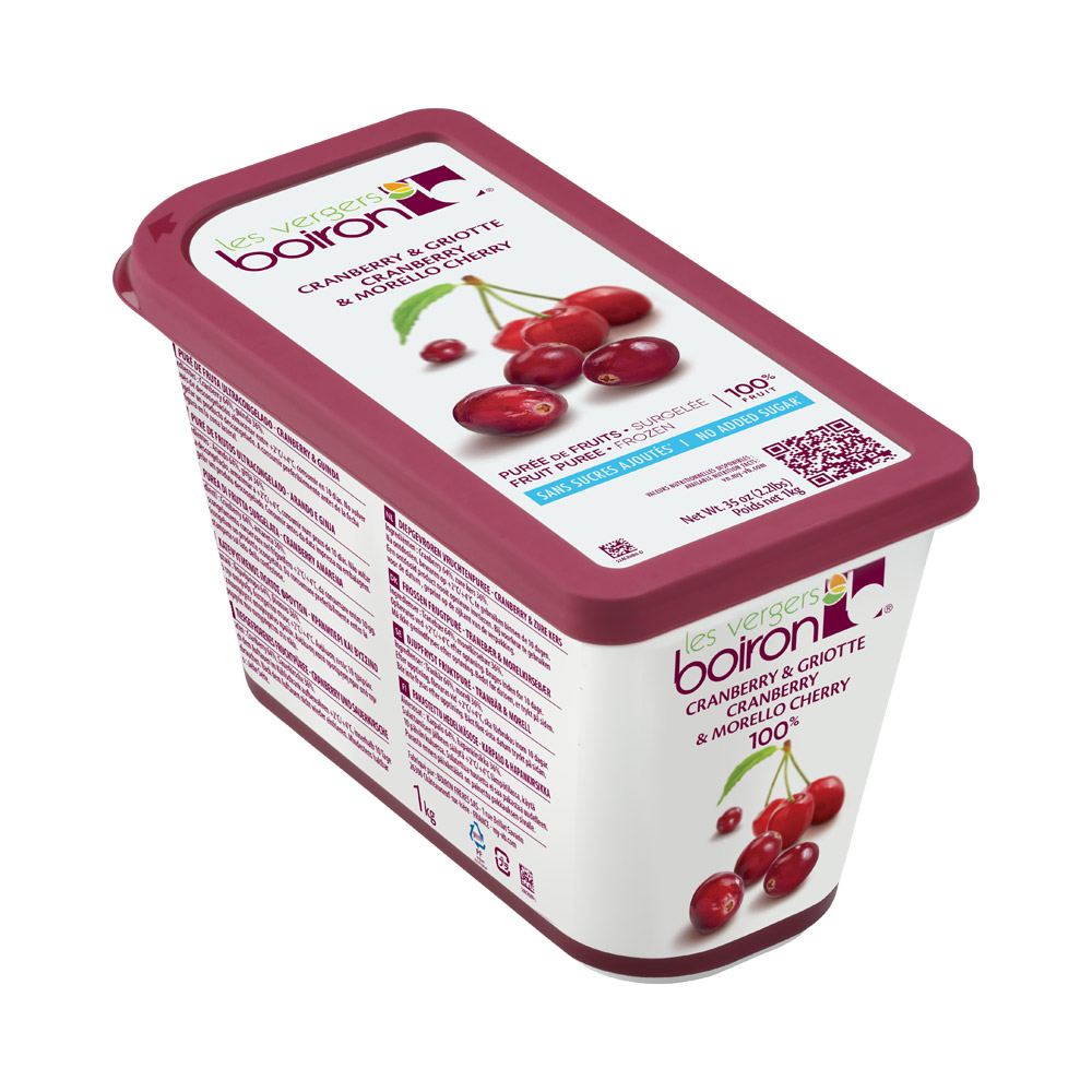 Container of Les Vergers Boiron cranberry & morello cherry puree
