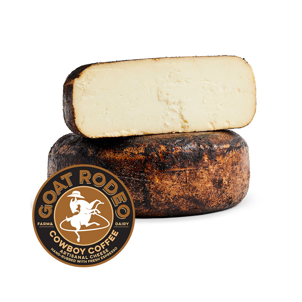 sliced wheel of goat rodeo cowboy coffee cheese