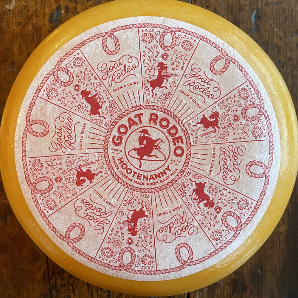 A close-up of a wheel of Hootenanny cheese