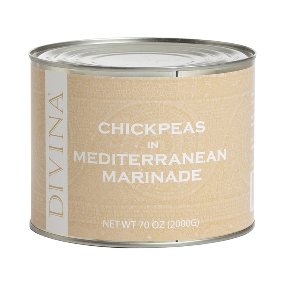 Can of Divina chickpeas in Mediterranean marinade