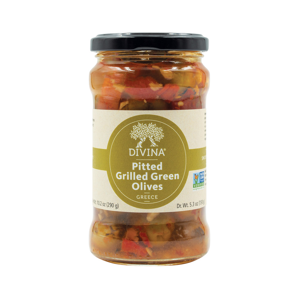 jar of divina pitted grilled green olives