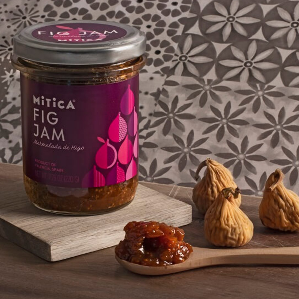 jar of mitica fig jam with accompaniments