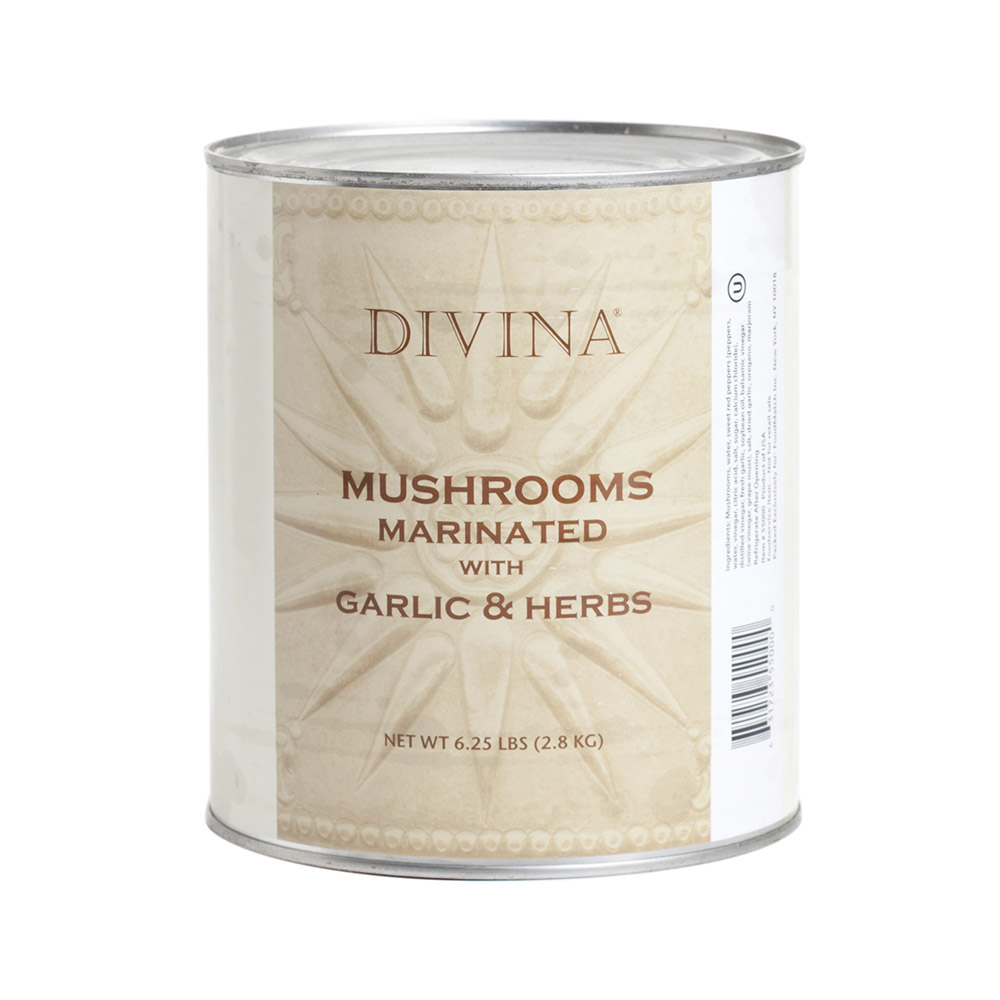 can of divina mushrooms marinated with garlic & herbs
