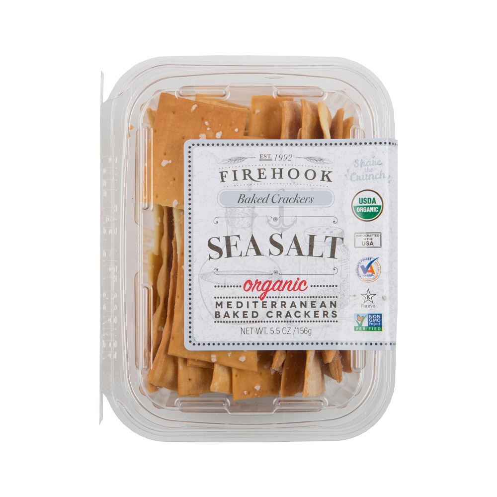 firehook organic baked sea salt crackers in plastic tub