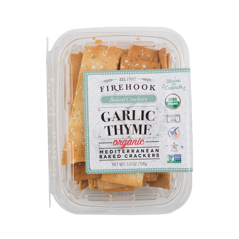 firehook organic baked garlic thyme crackers in plastic tub
