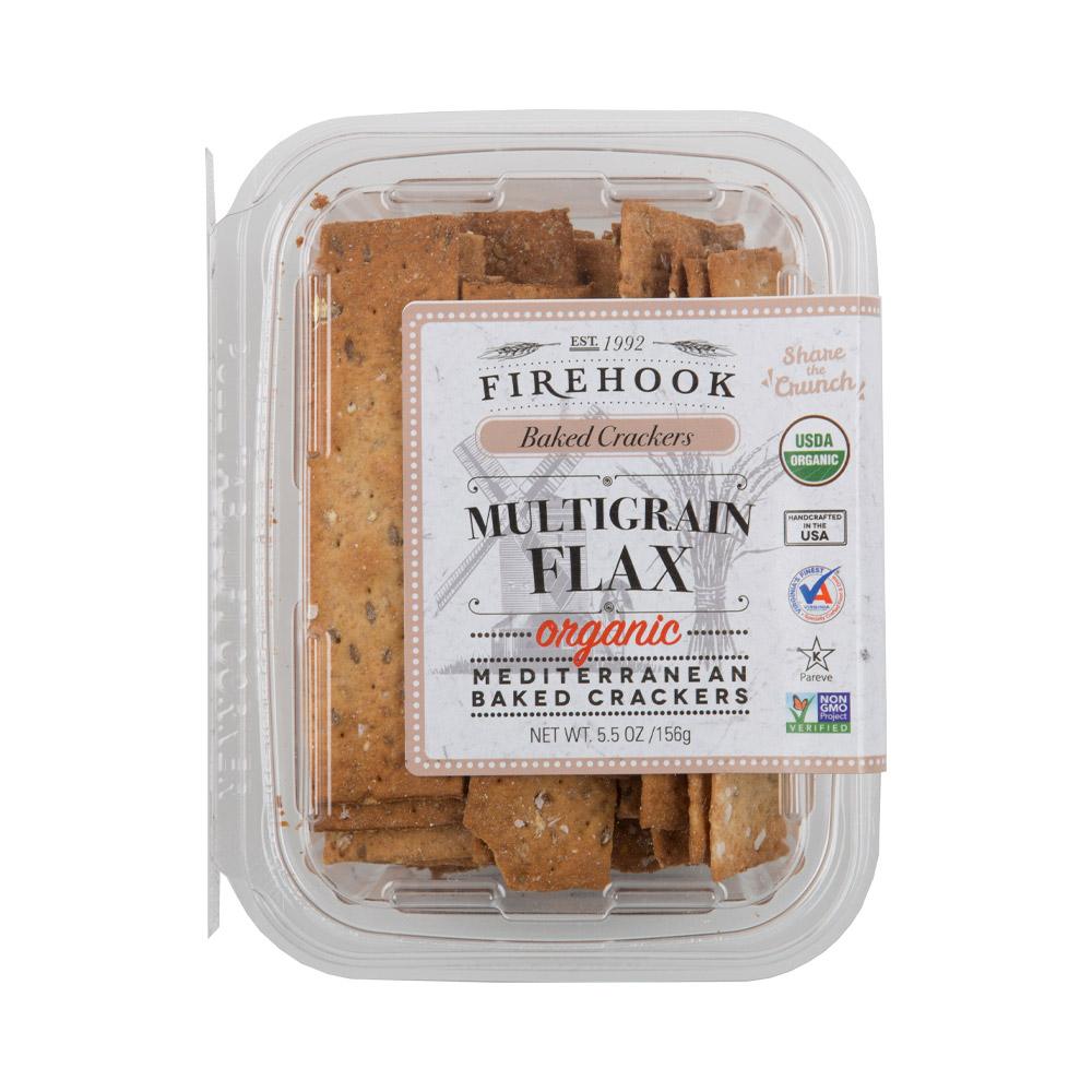 firehook organic baked multigrain flax crackers in plastic tub