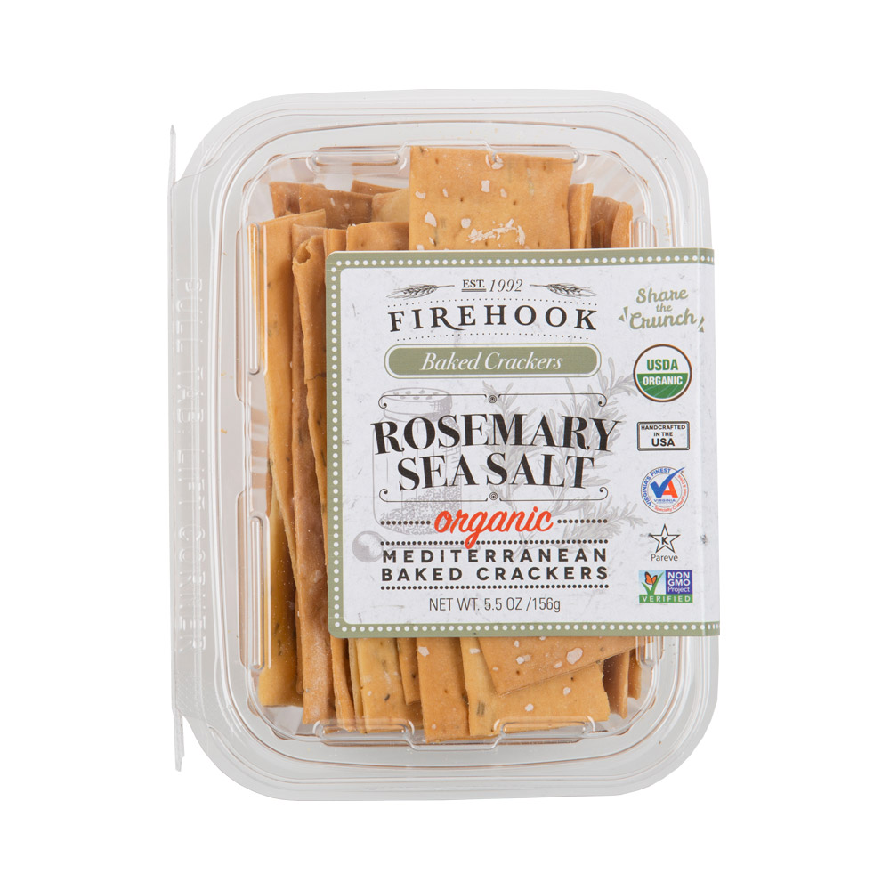 firehook organic baked rosemary sea salt crackers in plastic tub