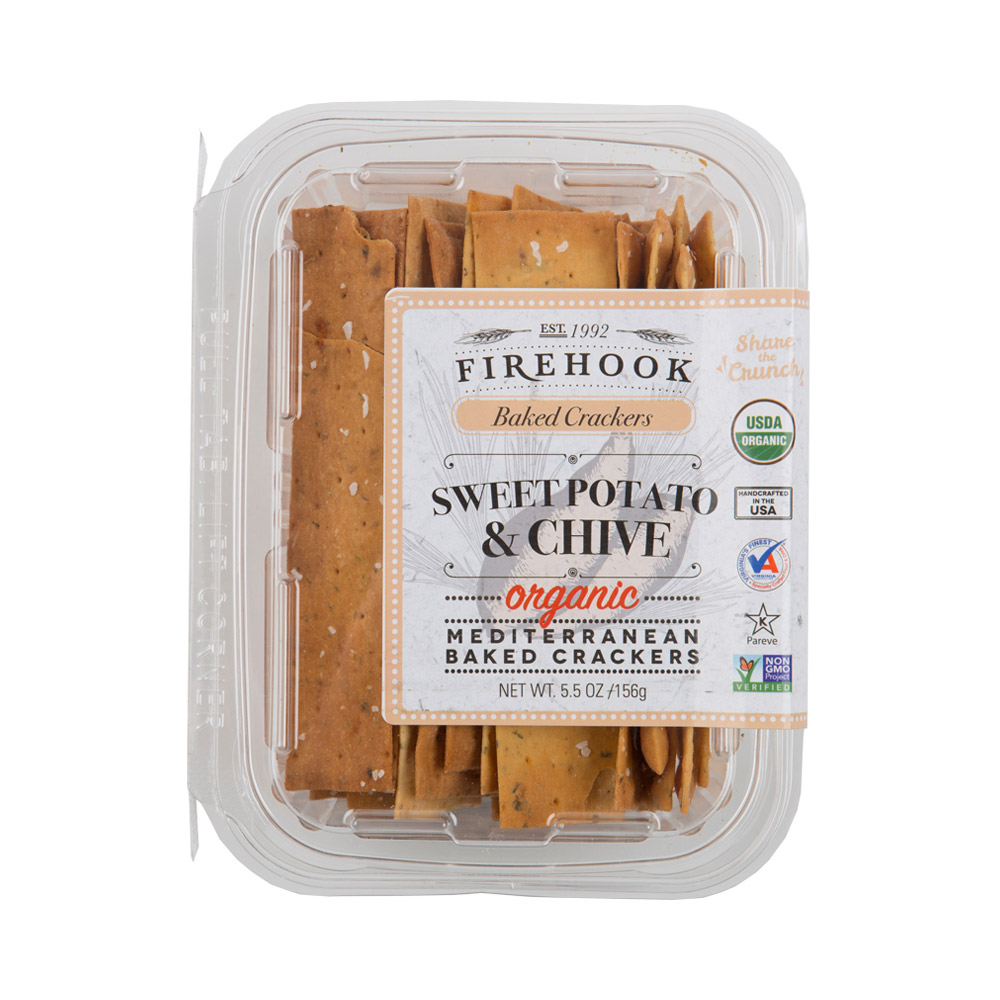 firehook organic baked sweet potato & chive crackers in plastic tub