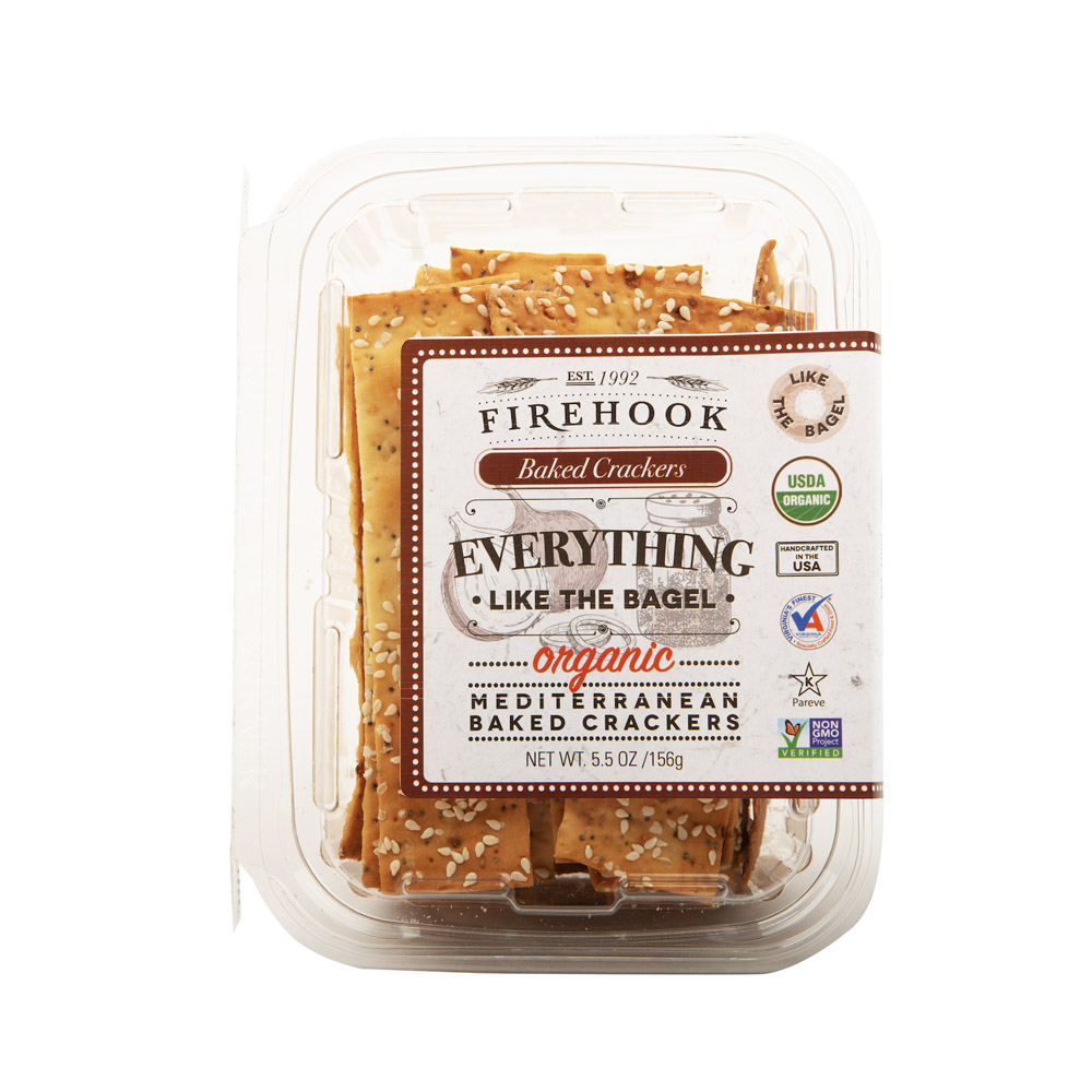 firehook organic baked everything flavor crackers in plastic tub