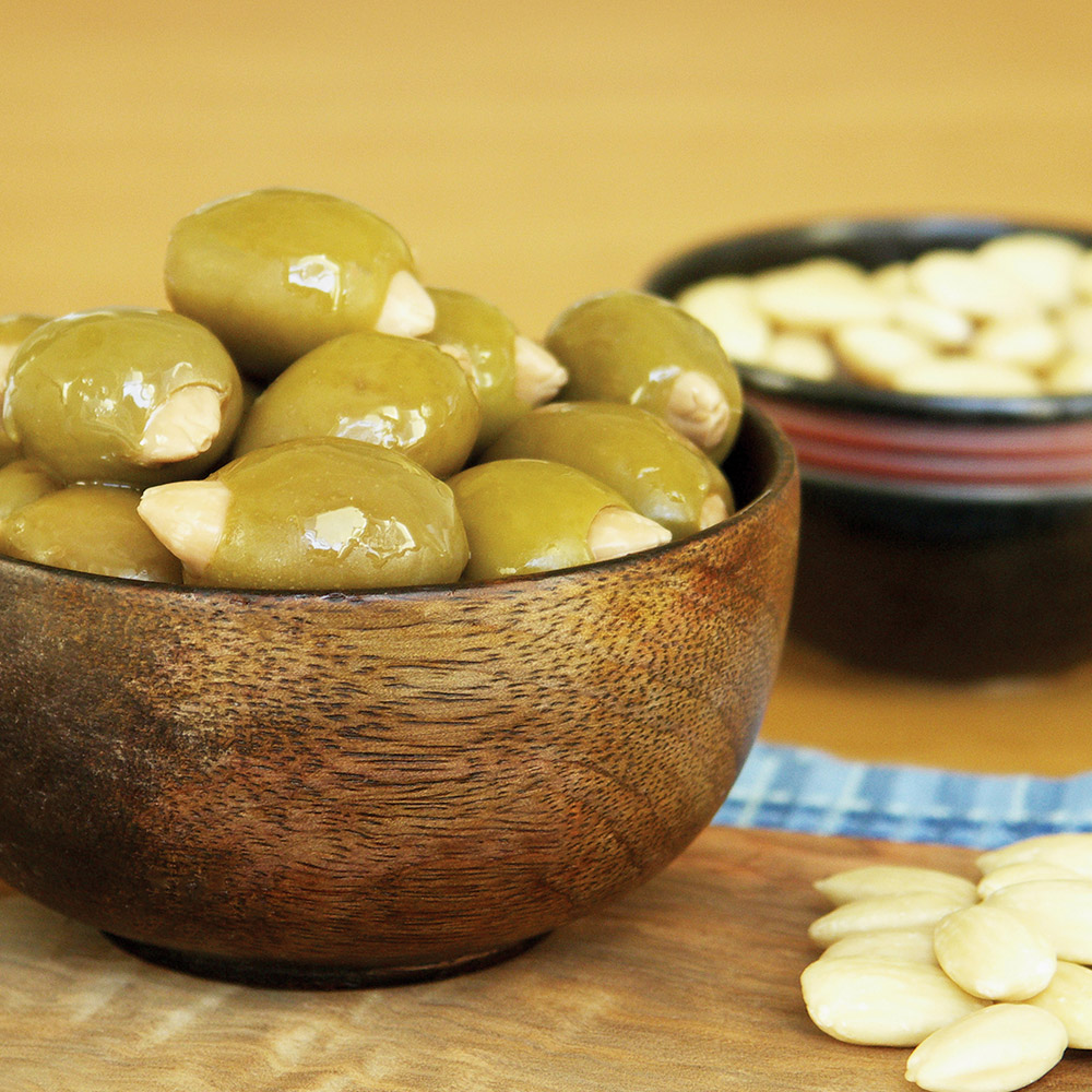 divina mt. athos green olives stuffed with almonds in bowl