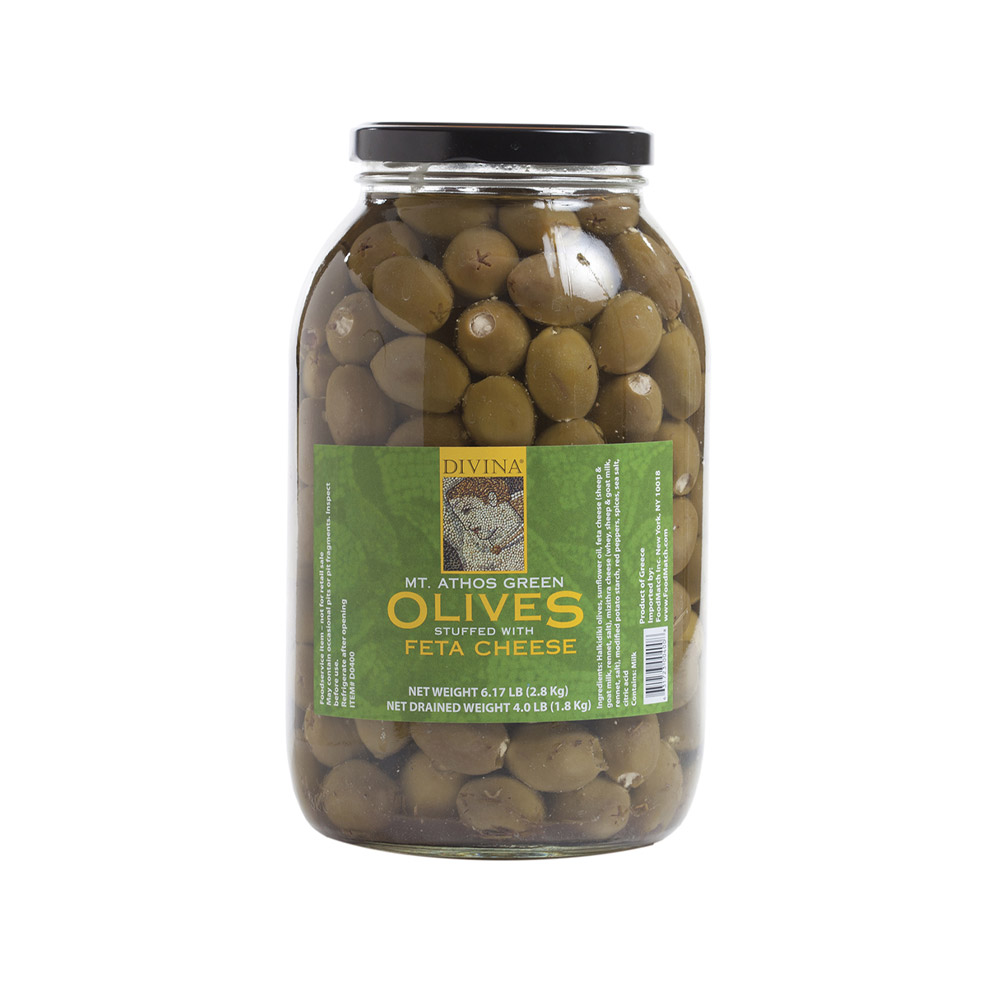 jar of divina mt. athos green olives stuffed with feta