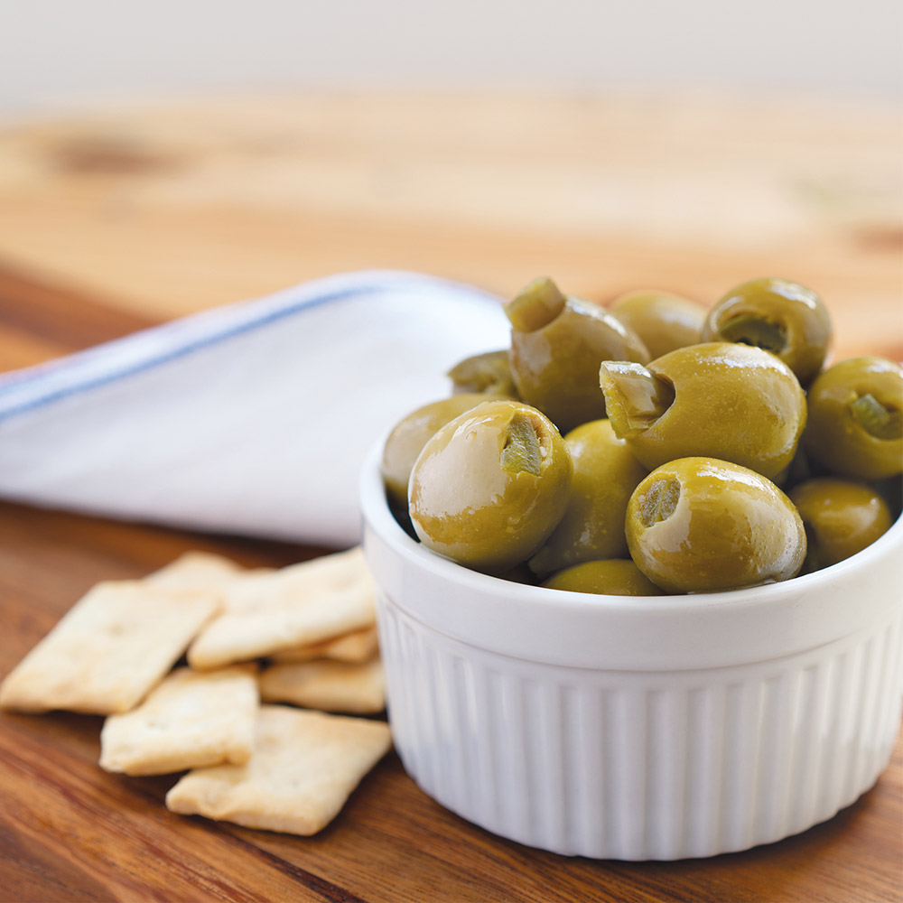 divina green olives stuffed with jalapeño in bowl