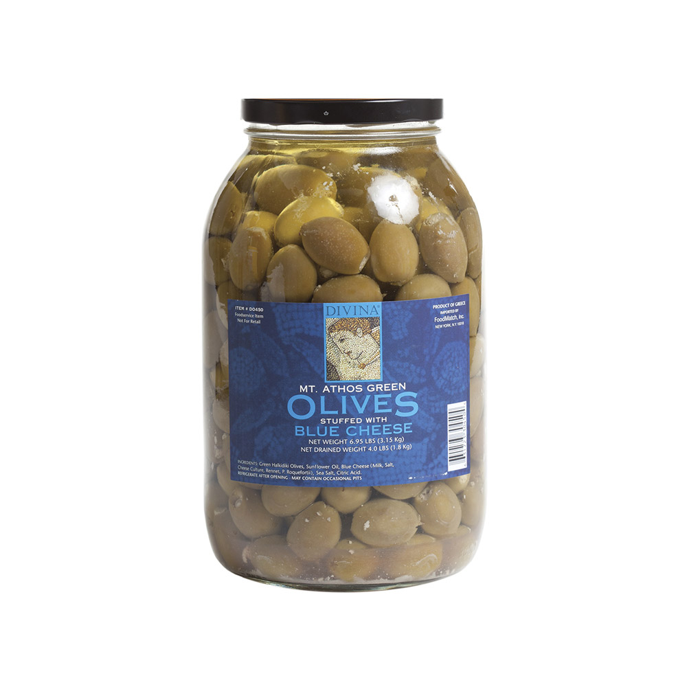 jar of divina mt. athos green olives stuffed with blue cheese