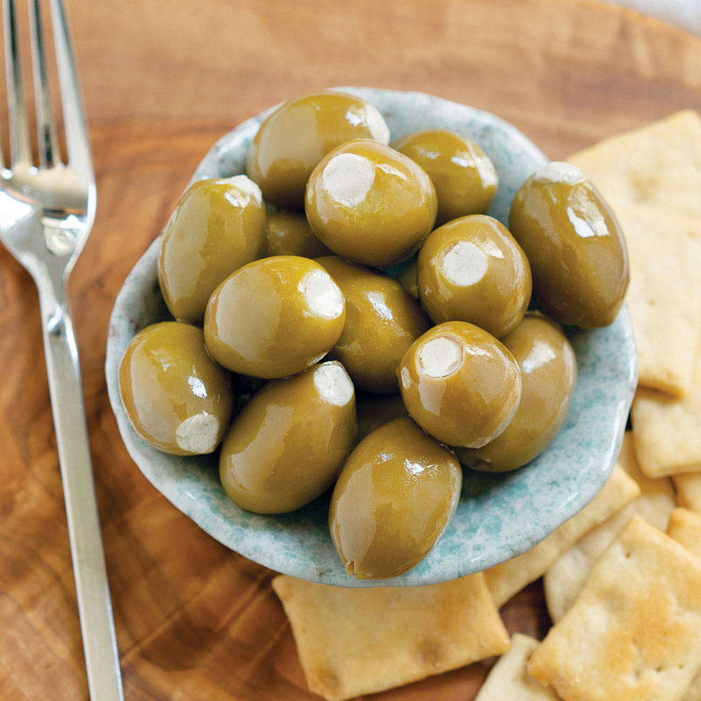 divina mt. athos green olives stuffed with blue cheese in bowl